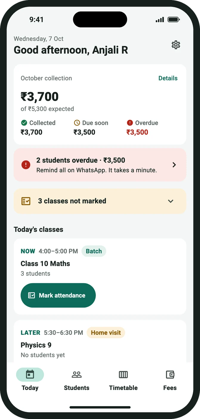 Tuitbook's Today screen: this month's collection, who is overdue and today's classes